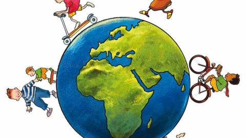 Das Logo der Aktion Kindermeilen. Es zeigt die Erde als Kugel, entlang des Randes laufen, fahren und hüpfen Kinder