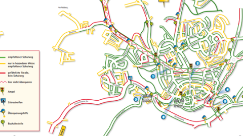 Ein Plan eines unbekannten Ortes. Durch Farben sind die Straßen markiert und die unterschiedlichen Gefahrenstellen markiert