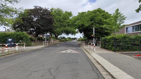 Ein Bild einer Straße ohne Verkehr mit Bürgersteigen und Bepflanzung
