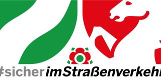 Das Logo der NRW Initiative - #sicherimStraßenverkehr. Es zeigt das NRW-Landeswappen mit dem stilisierten Rhein in grün links sowie dem westfälischen Pferd auf rotem Grund rechts. In der Mitte unten ist die Lippische Rose zu sehen. Der Schriftzug #sicherimStraßenverkehr steht unter dem Bild
