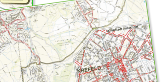 Ein Abdruck eines Schulwegeplanes der Stadt Krefeld. Zu sehen sind Straßenzüge die je nach Gefahrenlage rot markiert sind