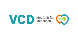 Logo des VCD. Links die Abkürzung, in der Mitte der Slogan "Mobilität für Menschen". Rechts das Logo.